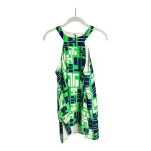 Alice Trixi Blue and Green Print Sleeveless Silk Blouse Halter Neck Size M